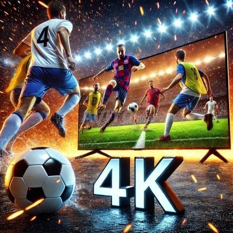 4K ultra HD football match with soccer players competing in a packed stadium under bright lights
