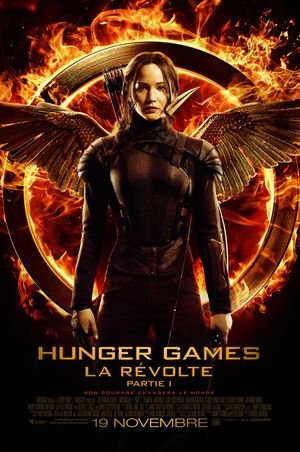Hunger Games Mockingjay movie poster showing Katniss Everdeen with a bow, fiery mockingjay flames behind her, dramatic cinematic lighting, dystopian action fantasy film artwork in high resolution.