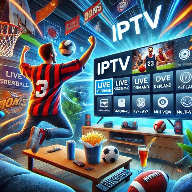 IPTV sports streaming on smart TV with soccer player watching live football channels